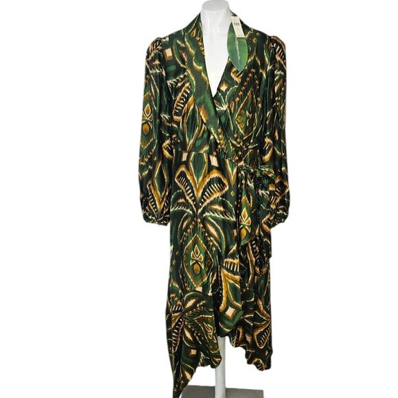 Farm Rio Pineapple Ikat Asymmetric Hem Wrap Dress, Beaded, V-Neck, Tie, Size S - Picture 2 of 12